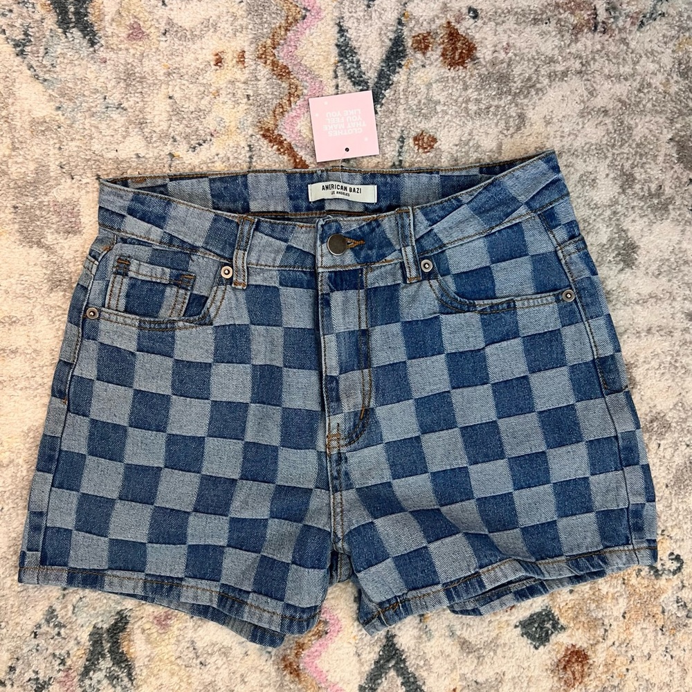 Dressed in LALA Blue Checkered Denim Jean Shorts